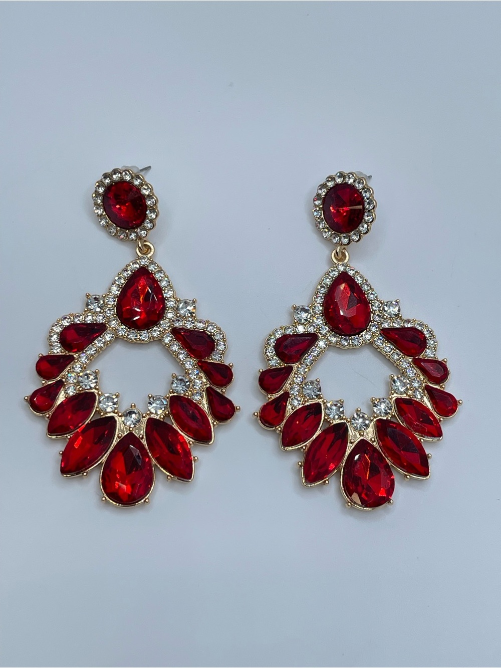 Gold Ruby Red Crystal Statement Chandelier Dangle Earrings